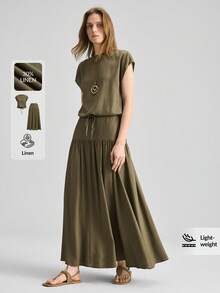 Ontre 2026春夏新款亚麻女士两件套，包含一件女士亚麻混纺白衬衫，舒适柔软的梭织面料，翻领，短袖，纽扣设计，宽松版型，带口袋，刺绣，现代都市时尚商务休闲办公装，春夏橄榄绿上衣搭配橄榄绿半裙和鼠尾草绿半裙，女士夏季套装。 - 軍綠色 - 查看 3