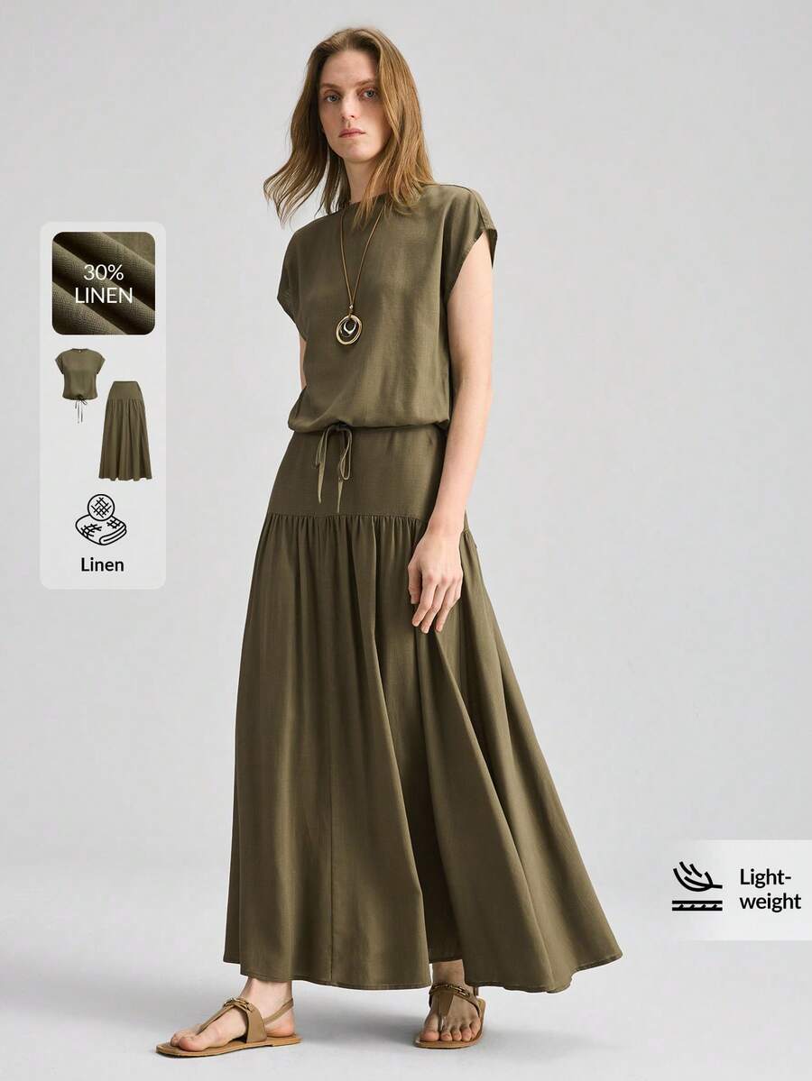 Ontre 2026春夏新款亚麻女士两件套，包含一件女士亚麻混纺白衬衫，舒适柔软的梭织面料，翻领，短袖，纽扣设计，宽松版型，带口袋，刺绣，现代都市时尚商务休闲办公装，春夏橄榄绿上衣搭配橄榄绿半裙和鼠尾草绿半裙，女士夏季套装。 - 軍綠色 - 查看 1