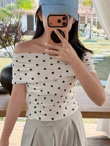 DAZY Tween Girls' Casual Polka Dot Print Off Shoulder T-Shirt, Summer - Beige - View 2