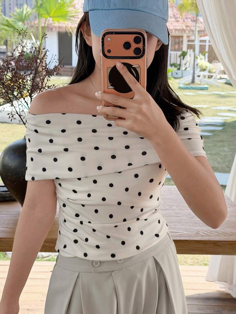 Tween Girls' Casual Polka Dot Print Off Shoulder T-Shirt, Summer