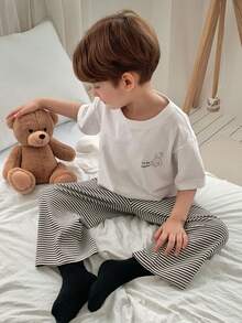 Dazy Kids Young Boy Cartoon Letter Print Round Neck Short Sleeve Top And Striped Pants Casual Loungewear Pajama Set - White - View 2