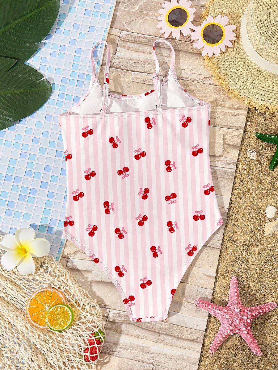 Cute Retro Ins Style Cherry Pink Striped Print Pattern, Tween Girls Casual Minimalist Camisole One-Piece Swimsuit, Suitable For Spring/Summer Vacation, Beach Photo Shoot Matching, Summer Vacation, Aesthetic Swimsuit, Pool Party, Summer Camp, Cottagecore, Beachwear - Multicolor - View 1