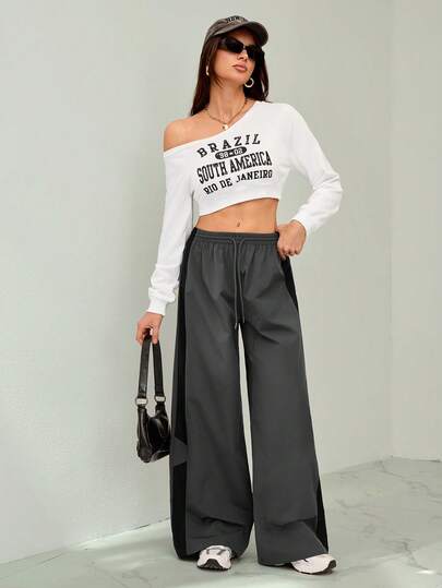 SHEIN Tall 女士秋季街头风演唱会锐舞节外出复古Y2K撞色灰色宽松阔腿裤