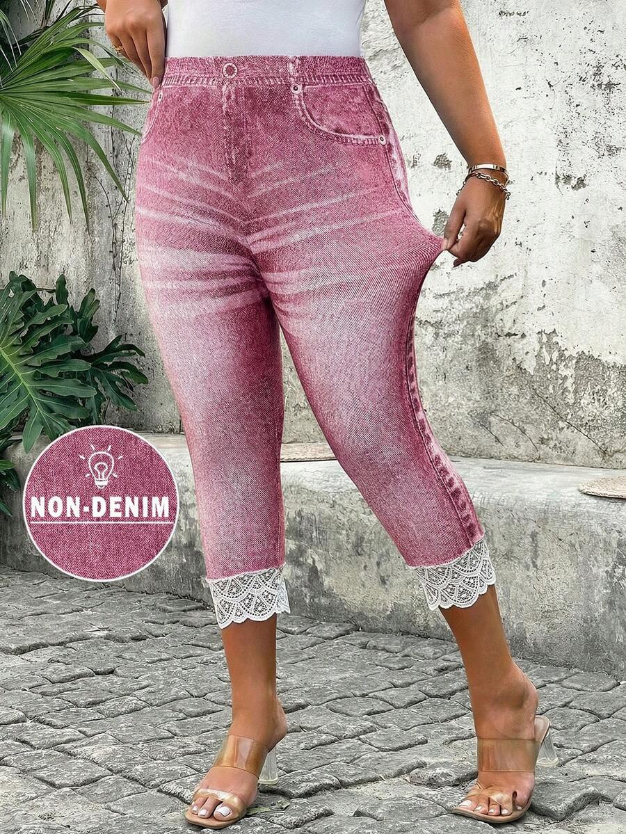 SHEIN Clasi Quần legging lửng dáng lửng phối ren tương phản, họa tiết giả denim dành cho nữ cỡ lớn. - Hồng - Xem 1