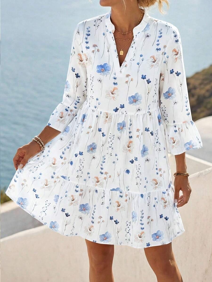 Faunlyn 女士 V 领长袖花卉印花休闲短款连衣裙 - 白色 - 查看 1