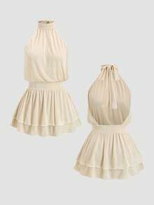 Sweetra Women's Apricot Halter Neck Dress, Spring/Summer - Apricot - View 1