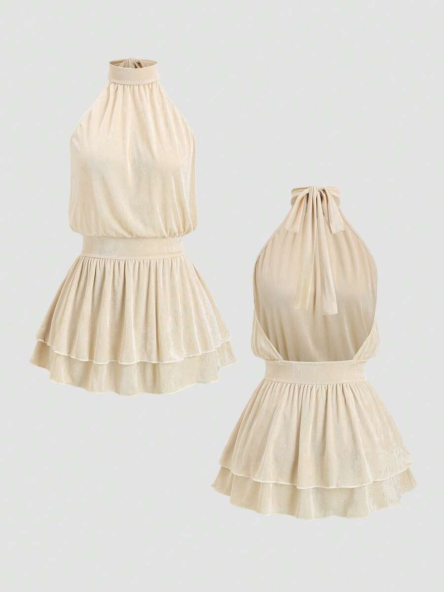 Sweetra Women's Apricot Halter Neck Dress, Spring/Summer - Apricot - View 1