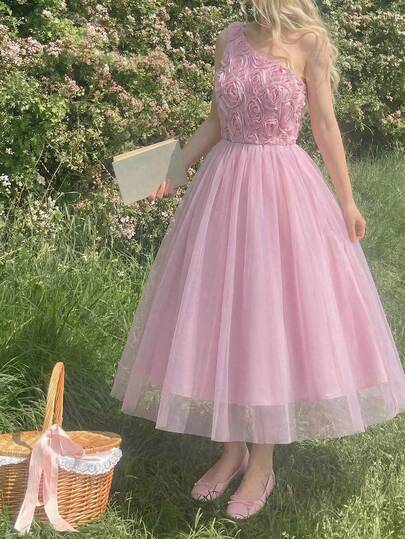 SHEIN 3D Floral Applique A-Line Midi Bridesmaid Dress, Flower Girl Dress For Teens, A-Line Silhouette, Midi Length, Decorated With Floral Appliques And Tulle Mesh, Suitable For Weddings, Birthday Parties, Celebrations And Performances