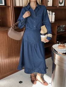 DAZY Bộ đồ nữ gồm áo sơ mi có túi và chân váy denim xếp ly, kiểu dáng thường ngày, thích hợp cho mùa xuân/hè, hoặc dự tiệc cưới. - Màu xanh lam - Xem 3