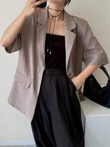 FRIFUL Women's Revere Collar Short Sleeve Striped Loose Blazer - Apricot - View 2