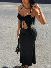 Slaydiva 早春新款，春夏音乐节，情人节，复活节休闲风，简约基础款，Y2K街头甜美风，畅销款，日常约会，辣妹风，性感，运动时尚风，交叉腰伞裙，A字裙，黑色半身裙，女士半身裙 -A - 黑色 - 查看 5