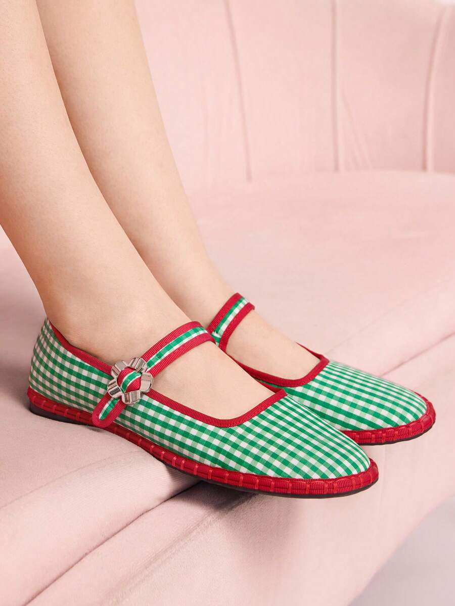 CUCCOO DOLLMOD 女士经典绿色格纹撞色条纹单条纹平底鞋 - 小格子綠色 - 查看 1