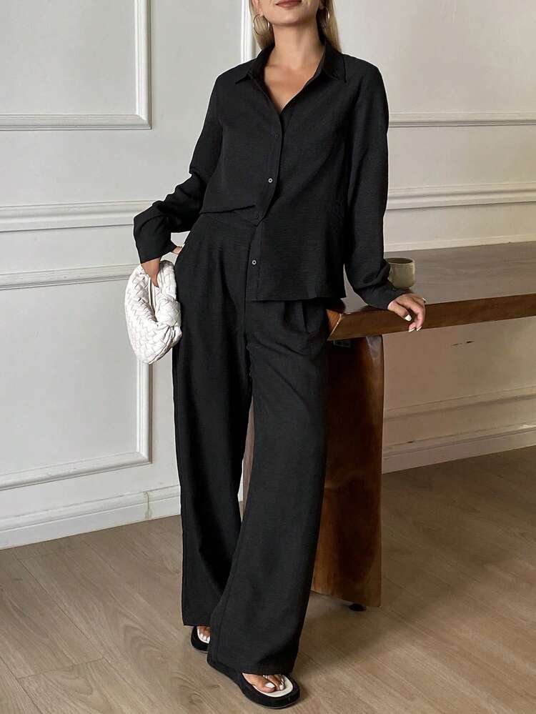 Women's Solid Color Long Sleeve Single-Breasted Shirt And Pants Casual 2 Pieces Set Summer