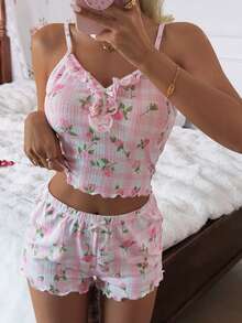 SHEIN 粉色女士吊带背心和短裤睡衣套装，带荷叶边装饰 - 粉色 - 查看 7