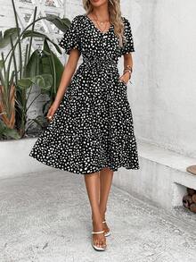EMERY ROSE Dalmatian Print Knot Front Ruffle Hem Dress Maxi Women Outfit - Black - View 6