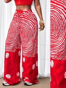 BamGleam 女士几何印花抽绳腰休闲百搭阔腿裤，适合度假旅行图案裤印花裤红色女士阔腿裤阔腿裤Y2K裤两件套红色图案裤女士阔腿裤度假裤套装节日裤印花裤 - 彩色 - 查看 2
