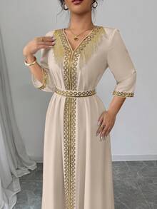 Elenzga Đầm dài dự tiệc thanh lịch cổ chữ V, xếp ly, tua rua dành cho nữ - Màu be - Xem 6