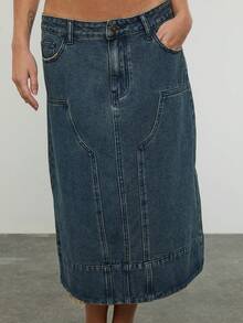 COUREZ 低腰工装风中长牛仔裙，深蓝色水洗/Y2K风格春季女装，蓝色牛仔裙，长裙，春假穿搭，音乐节穿搭，夏季穿搭，外出穿搭 - 深色水洗藍 - 查看 7