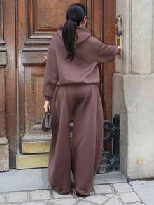 Yassique Bộ áo hoodie lót giữ nhiệt và quần nỉ dáng rộng thoải mái cho nữ mùa thu/đông - màu nâu - Xem 2