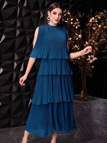 Modelyn Women Summer Solid Color Cape Sleeve Dress With Mushroom Collar Multi-Layer Ruffled Hemline Elegant Mature Design Evening Wedding Dinner - Blue - View 6