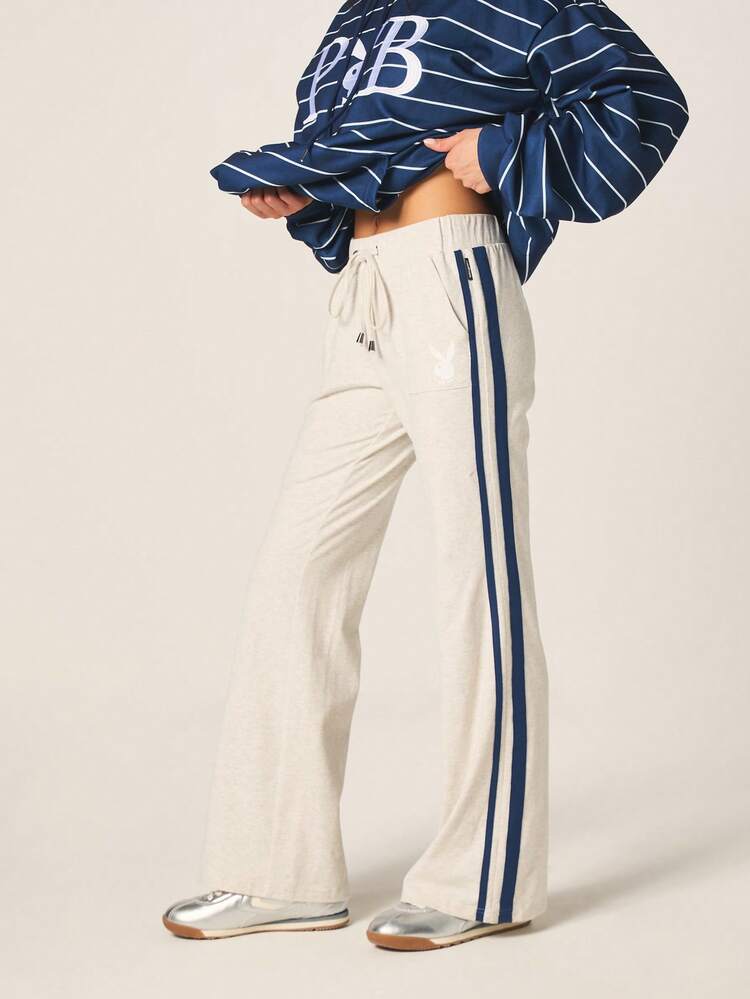 Missguided x Playboy Women's Wide Leg Joggers Relaxed Fit Sweatpants With Side Stripe Detail Drawstring Waist Casual Comfort Pants