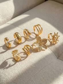 Resyla 8pcs/Set Cincin Polos Halus Vintage, Cincin Bintang Laut Bohemian yang Dipersonalisasi, Cincin Fashion - Emas - View 2