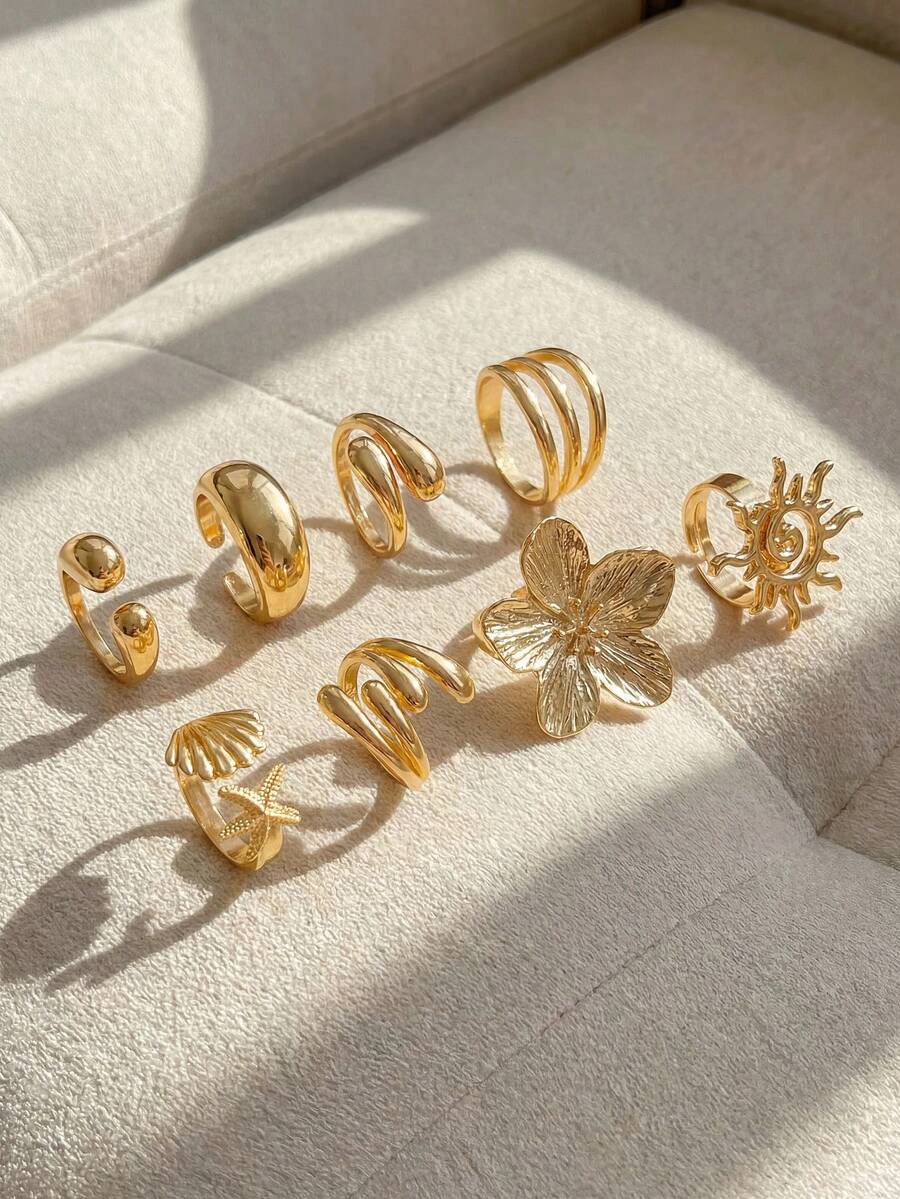 Resyla 8pcs/Set Cincin Polos Halus Vintage, Cincin Bintang Laut Bohemian yang Dipersonalisasi, Cincin Fashion