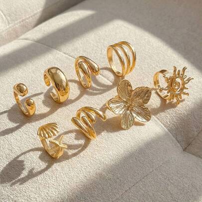 Resyla Set da 8 anelli lisci vintage, anelli personalizzati a forma di stella marina bohémien, anelli di moda