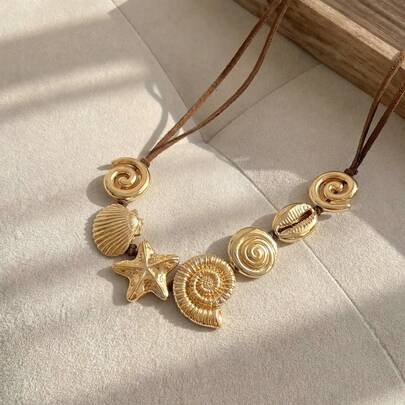 Resyla 1pc Novo colar temático de oceano de verão para mulheres, estilo boho vintage feito à mão com pingente de concha de corda trançada, acessório diário versátil e presente