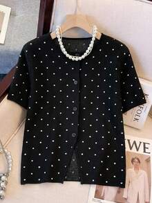 SHEIN EZwear 女士全印花前扣优雅黑色短袖开衫 - 彩色 - 查看 2