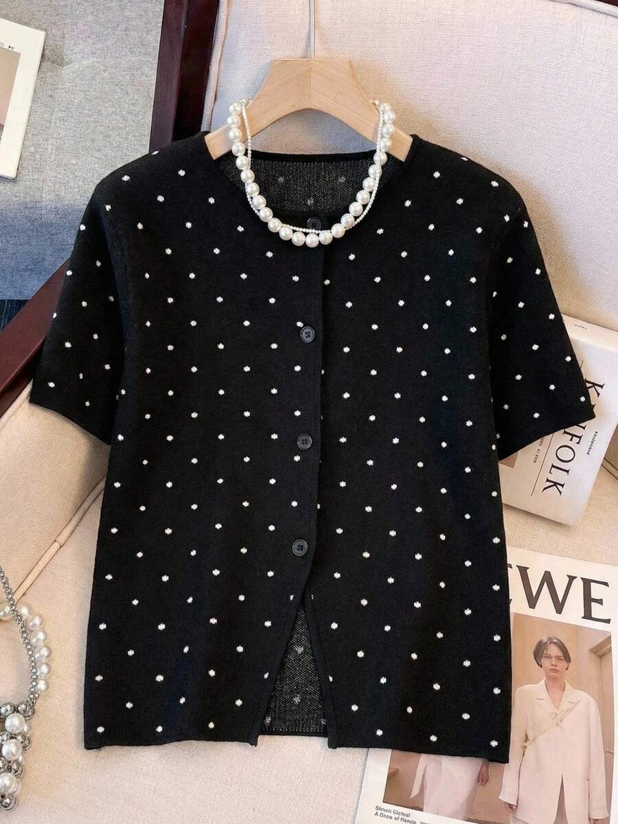 SHEIN EZwear Cárdigan elegante de manga corta con botones delanteros y estampado total en negro para mujer - Multicolor - Ver 1