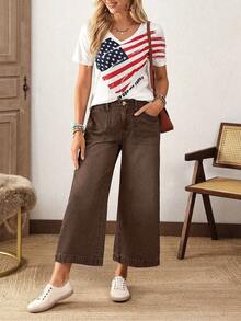 EMERY ROSE Plus Size Casual Vintage Washed Wide Leg Jeans - Coffee Brown - View 6
