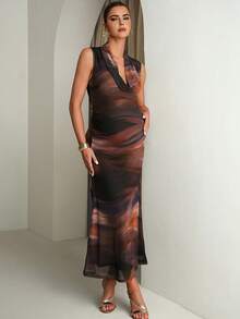 MaterniChic Maternity Tie-Dye Print Scoop Neck Sleeveless Elegant Dress - Multicolor - View 4
