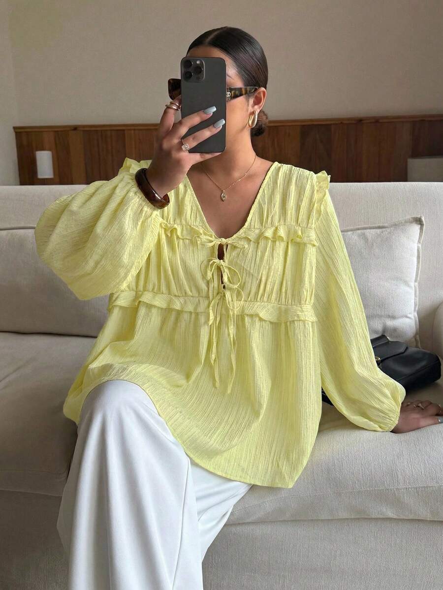 Dripcurv 加大码女式黑色V领休闲灯笼袖黄色上衣,宽松日常度假风格,适合新年等节日穿着。 - 黃色 - 查看 1