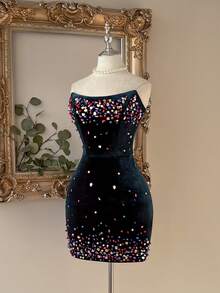 Lovelzi 2026 Black Velvet Strapless Mini Dress, Colorful Beaded Embellished Hem & Bodice, Party Cocktail Bodycon Dress For Women - Dark Green - View 4