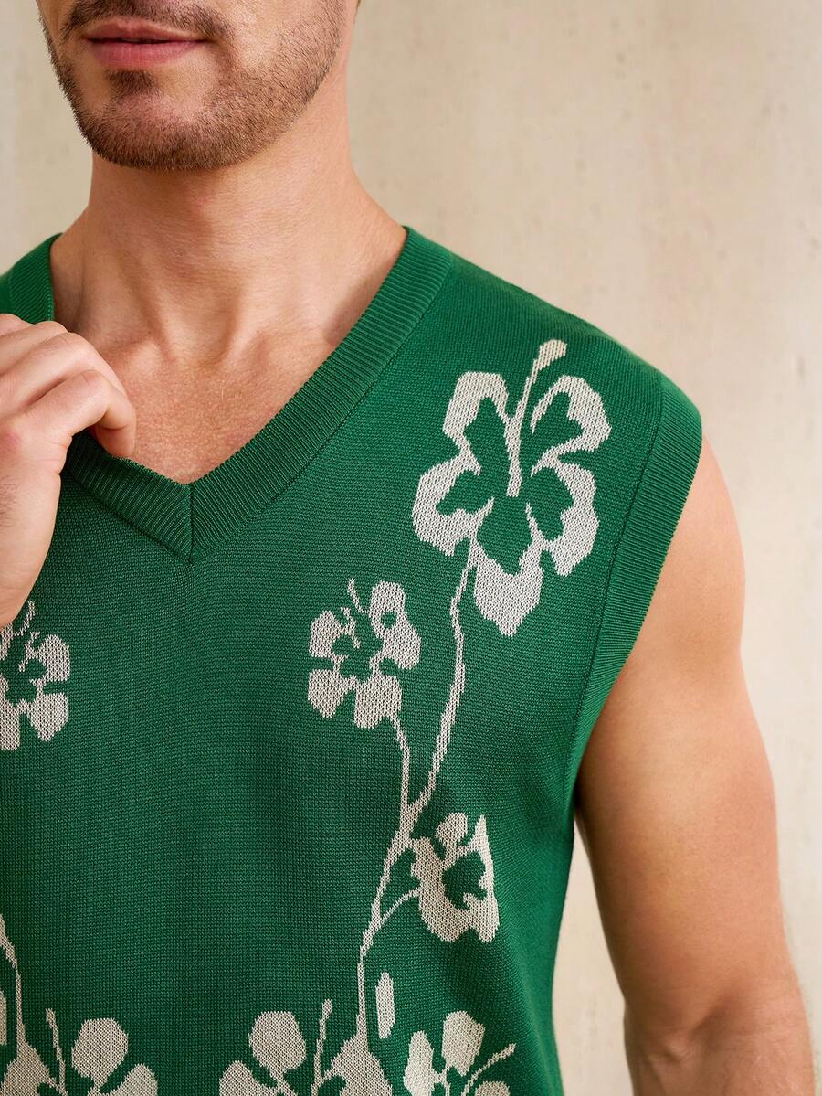 Manfinity CityGents Men's Summer Casual Vacation Floral Pattern V-Neck Sweater Vest - Green - View 1