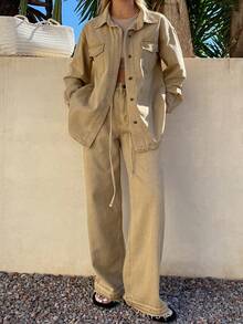 DAZY Women's Casual Denim Jacket And Pants Set, Autumn/Winter - Khaki - View 7