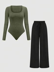 Olithes 2pcs Solid Color Asymmetric Hem Top And Pants Set - Multicolor - View 9