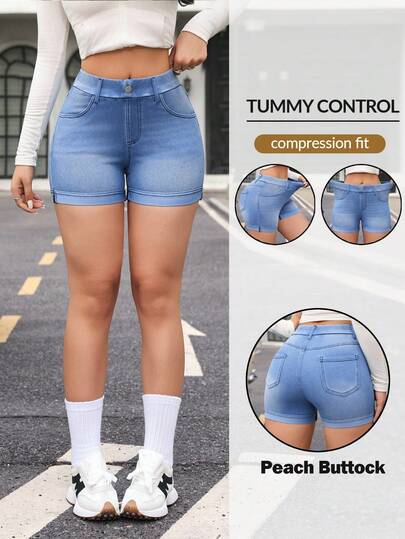 Flexra Women's Elastic Waist Pocket Skinny Casual Versatile Denim Shorts