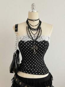 Attitoon Blusa de mujer con estampado de lunares vintage, parches y encaje, adecuada para primavera, fiestas, Pascua, salir, color negro, para volver al colegio, con estilo vintage, sexy, linda, Y2K, estilo coco, bohemio, hippie, festivales de música, fiestas - Negro - Ver 9