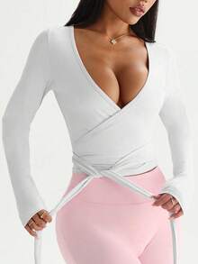 Velisys 2pcs Women's Activewear Crop Top, White & Pink Combo, Fitted Tie-Front Design, Long Sleeve, Versatile For Daily Casual, Running, Yoga, Gym, Tennis, Golf - Multicolor - View 3