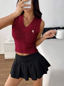 SHEIN PETITE 女款休閒針織背心，酒紅色，秋季，優雅大方，校園風，返校季大學風，聖誕節感恩節新年上衣，適合嬌小女性 - 酒紅色 - 查看 7