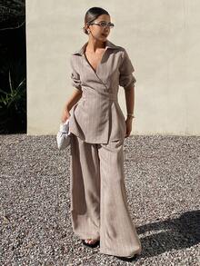 Livesso 春夏宽松商务休闲度假风时尚办公装条纹收腰V领上衣搭配阔腿休闲裤两件套女装 - 駝色 - 查看 5