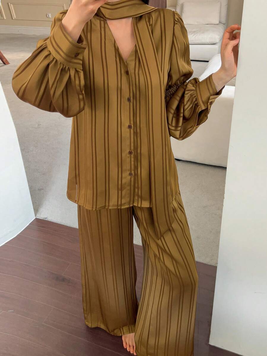 DAZY 2pcs Striped Pattern Loose Cardigan Shirt & Long Pants Pajama Set For Women, Autumn - Coffee Brown - View 1