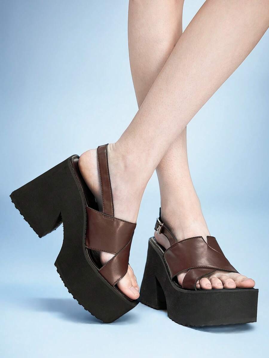 Sugerpunk Women's Casual And Stylish Wedge Platform Sandals, Perfect For Spring And Summer, Featuring A Punk-Inspired Design, A Simple Square Toe, Soft Leather, Crisscross Pattern, Open Toe, Comfortable For Holidays, Nightclubs, Parties, And Everyday Wear. Summer Shoes - Coffee Brown - View 1