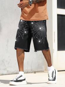 Manfinity EMRG Stylish Men's Rhinestone Black Denim Bermuda Shorts Avant-Garde Street Casual With Graphic Pattern - Black - View 8