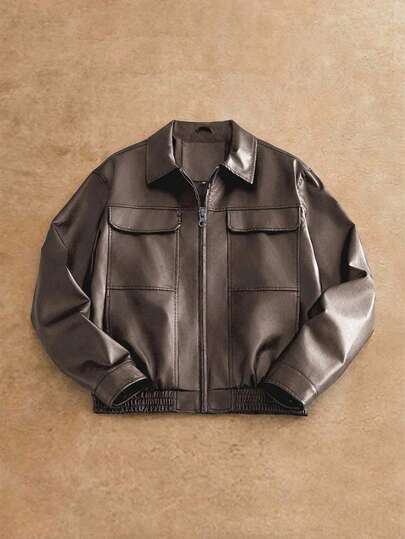 HIMLAND Men's Solid Color Pocket Zipper Long Sleeve Short Leather Jacket Men's Leather Jacket Zipper Jacket Men Men's Casual Jacket Mocha Jacket Men Men's Brown Bomber Jacket Men's Brown Jacket Loose Fit Jacket Men Collared Jacket Men Men's Bomber Jacket Faux Leather Jacket Men