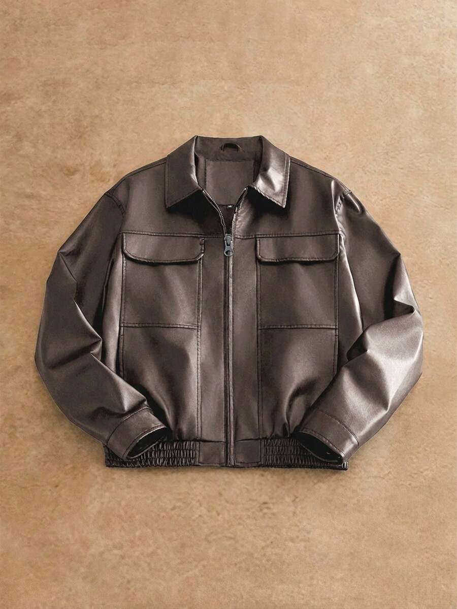 Manfinity VCAY 男士纯色口袋拉链长袖短款皮夹克 男士皮夹克 拉链夹克 男士休闲夹克 摩卡色夹克 男士棕色飞行员夹克 男士棕色宽松夹克 男士翻领夹克 男士飞行员夹克 男士仿皮夹克 - 鏽棕色 - 查看 1