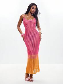 Coolane Women's Spring/Summer Halterneck Plunge V Front Open Crochet Knit Ombre Straight Fit Tassel Hem Maxi Dress Ibiza Sexy Vacation Holiday Spring Summer Festival Beachwear Romantic Elegant Cover Up Swim Tequila Sunrise, Beach Club - Pink - View 3