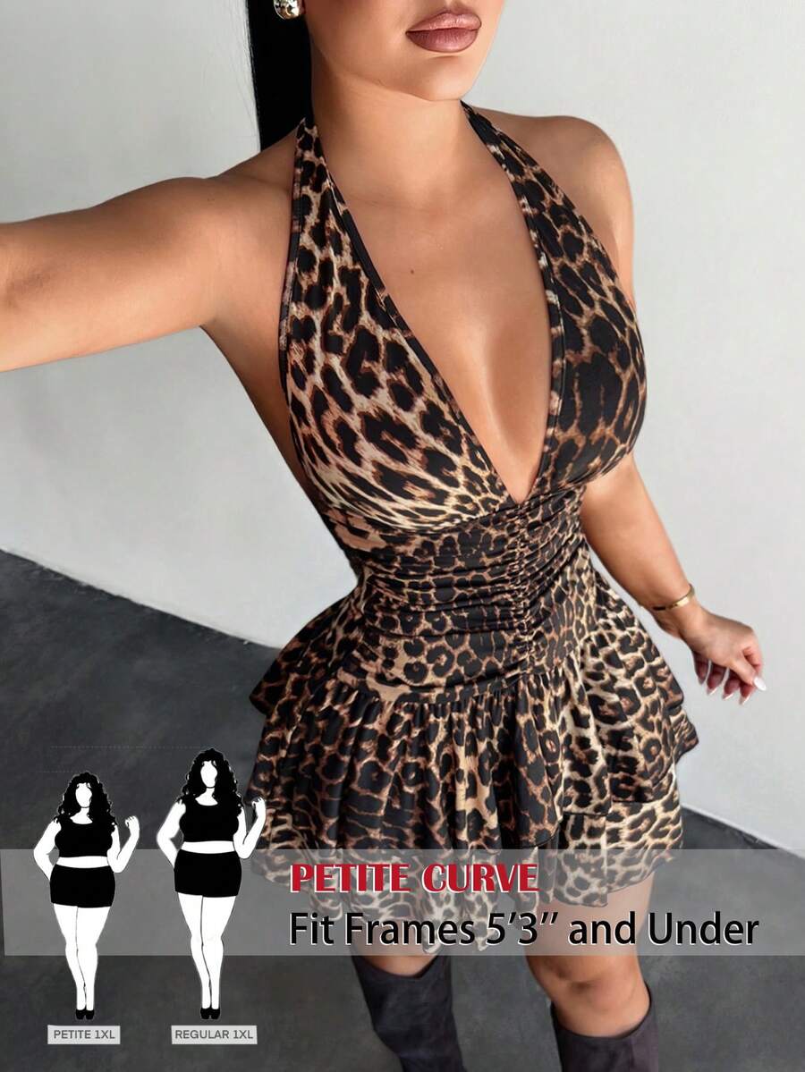 SHEIN PETITE CURVE 大码女式豹纹深V领褶皱腰部荷叶边下摆性感吊带连衣裙 - 棕色 - 查看 1